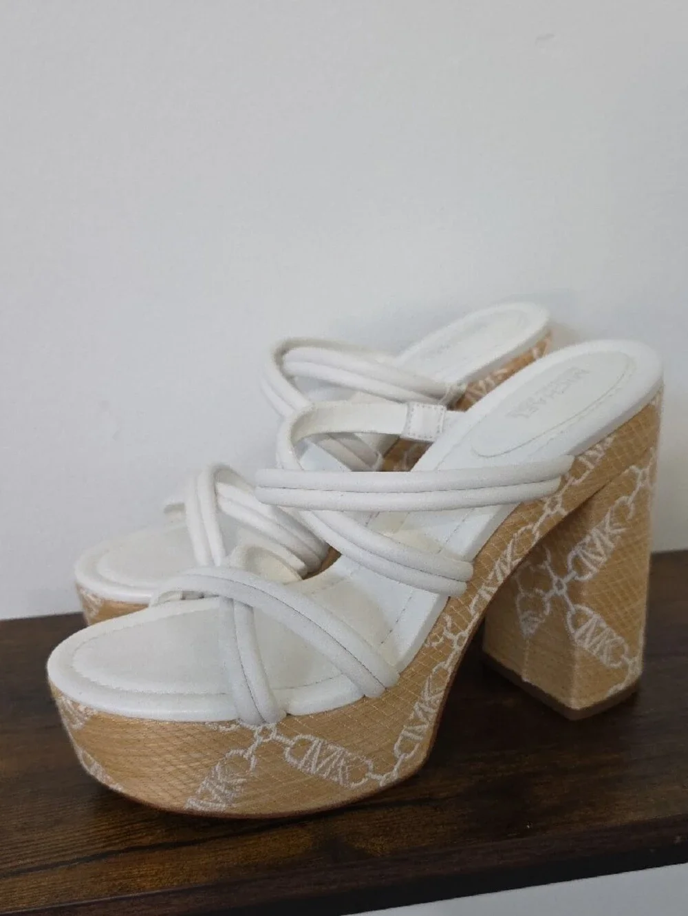 Michael Kors White Strappy Platform Sandals with Tan Patterned Heel